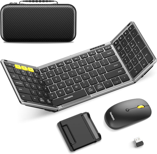 Foldable Keyboard and Mouse, Samsers Folding Bluetooth Keyboard Combo, 2.4G + BT5.0 x 2, Full-Size Portable Travel Keyboard & USB-C Rechargeable Wireless Mouse for Windows Android iOS Mac OS