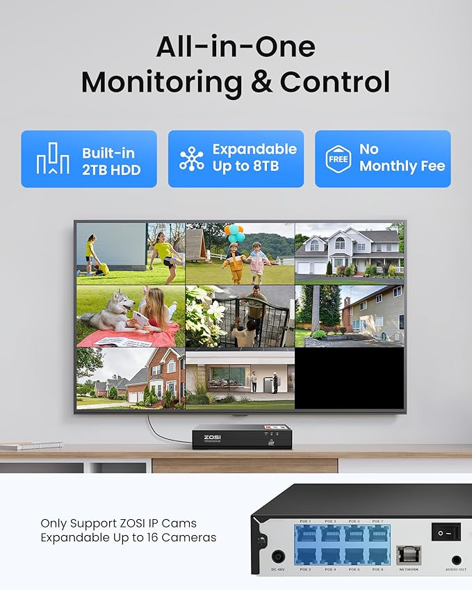 ZOSI C220 4K 8MP 8CH POE NVR Security Camera System (16CH Expandable), 8 x 8MP PoE IP Dome Cameras Outdoor Indoor, AI Human/Vehicle/Face Detection, One-Way Audio, 100ft IR Night Vision, 2TB HDD