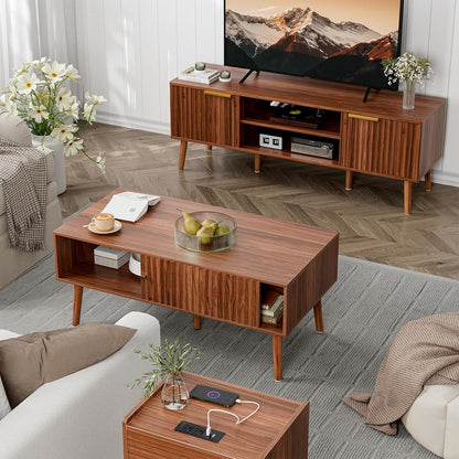 Coffee Table with Storage, Mid Century Dining Table with Sliding Fluted Door and Solid Wood Legs, Small Coffee Tables for Living Room, Walnut