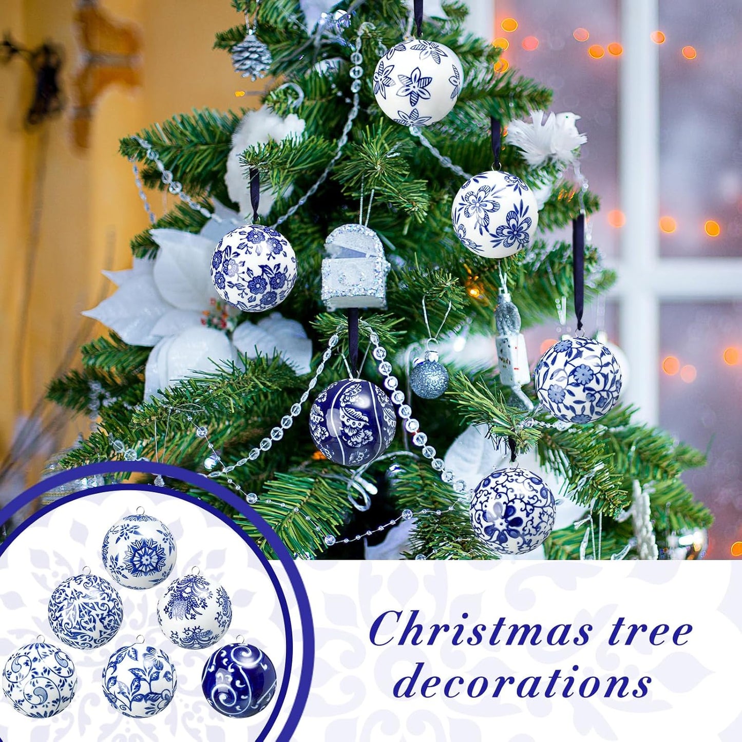 Cindeer 12 Pcs Blue and White Christmas Porcelain Balls 2.4 Inch Porcelain Chinoiserie Ornament Bulk Christmas Ceramic Hanging Decorative for Tree Home Xmas Party (Elegant Style)