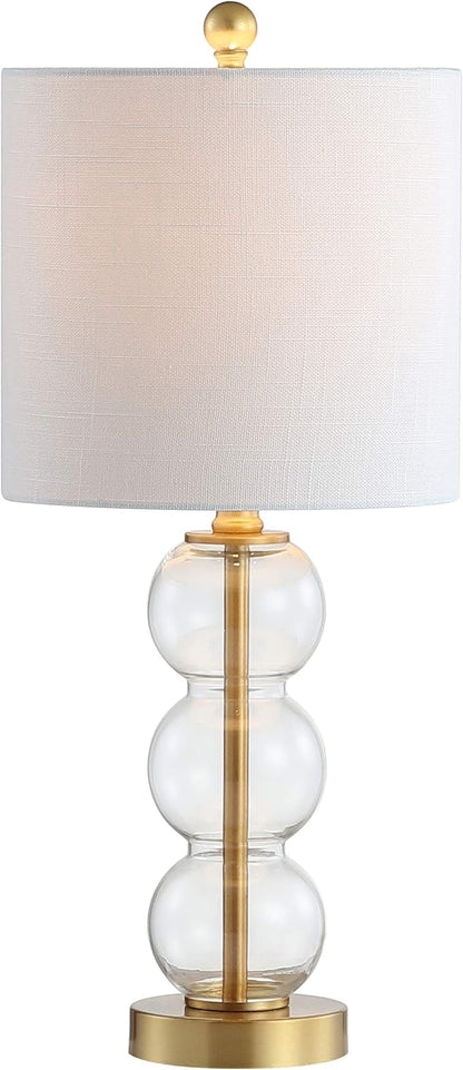JONATHAN Y 21" Clear/Brass Gold Glass Table Lamp for Bedroom and Living Room, White Linen Shade, Modern Stacked Sphere Bedside Lamp, LED Bulb Included (JYL1021B)