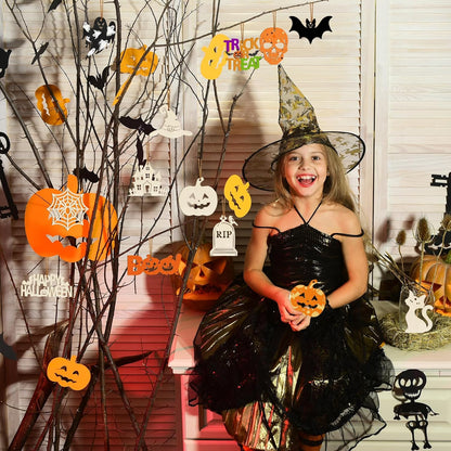 36PCS Wooden Halloween Ornaments to Paint Fall Decorations, 12 Styles DIY Blank Autumn Unfinished Wood Skull Pumpkin Ghost Bat Boo Trick or Treat Halloween Cutouts Ornament for Crafts Party Hanging