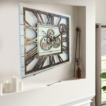 The Gears Clock 24'' Inch Square Real Moving Gear Wall Clock Vintage Industrial Oversized Rustic Farmhouse (White Farmhouse)