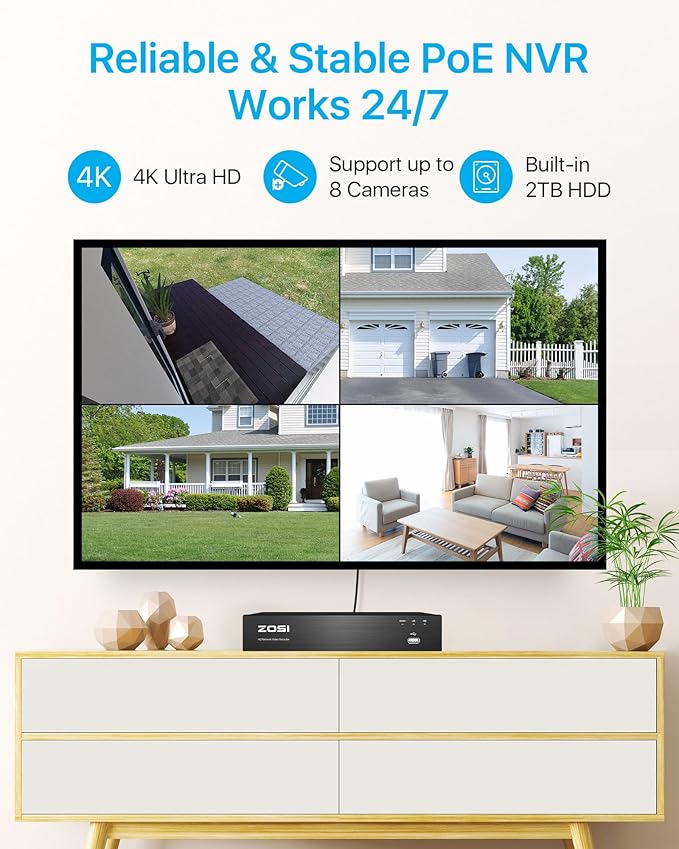 ZOSI 8CH 4K PoE Security Camera System with Audio, 4pcs 8MP Outdoor Indoor PoE Cameras, Color Night Vision, Human Detection, Spotlight Siren, 4K 8Channel CCTV NVR with 2TB HDD for Home 24/7 Recording