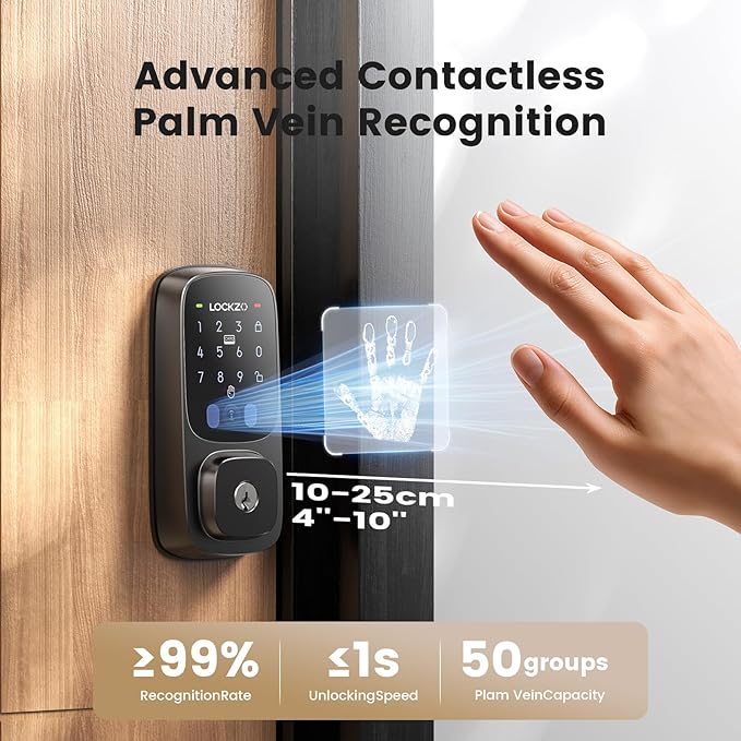 Smart Lock with Palm Vein, Keyless Entry Door Lock for Front Door, WiFi Electronic Door Lock with Keypad Deadbolt, Auto Lock, Voice Control, Compatible with Alexa & Google Assistant