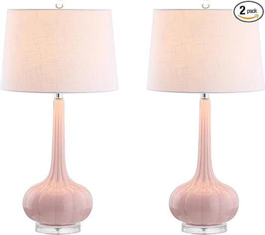 JONATHAN Y 28.5" Pink Glass Teardrop LED Table Lamp Set of 2 for Living Room Bedroom Nightstand, White Linen Shade Modern Transitional Bedside Desk Lamp JYL1079A-SET2