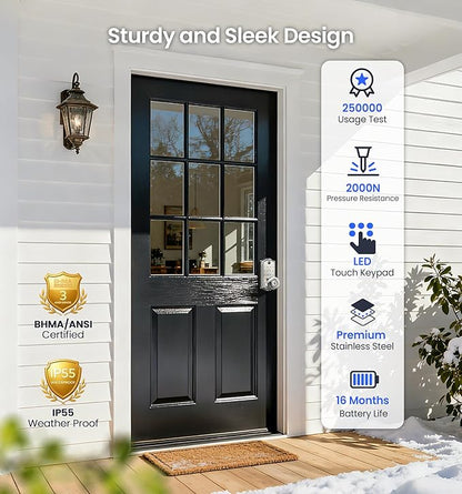 Veise VE018 Smart Knob Handle Lock - Fingerprint, App Control, Keyless Entry for Front Door and Bedroom, Electronic Digital Keypad, Auto Lock, Remote Access Sharing, IP55 Weatherproof, Satin Nickel