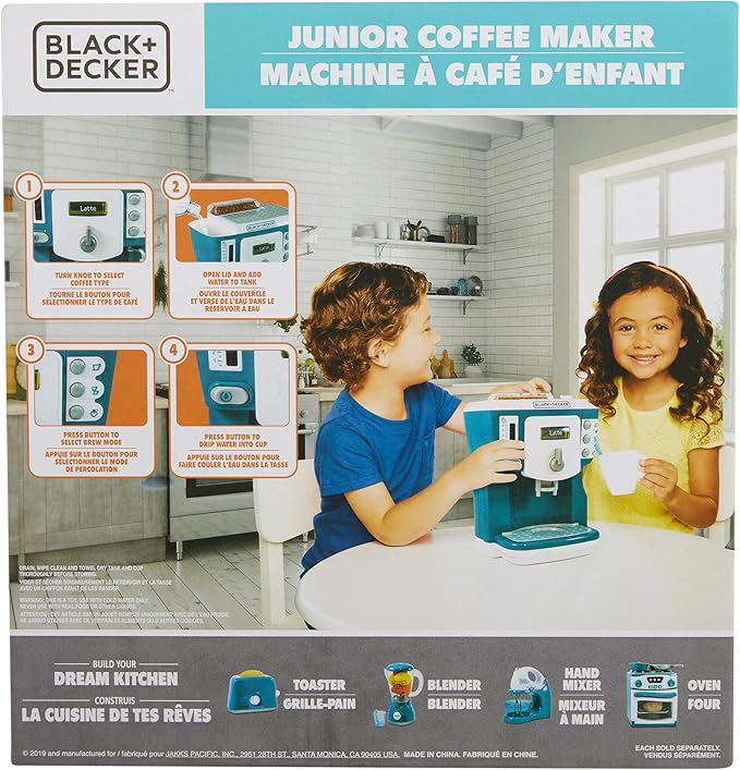 BLACK+DECKER Junior Coffee Maker Role Play Pretend Kitchen Appliance for Kids with Realistic Action, Light and Sound - Plus Toy Coffee Mug for Imaginary Brewing Fun