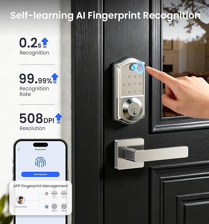 Veise VE017 Fingerprint Smart Door Lock, App Control, 8-in-1 Keyless Entry, Auto Lock, Emergency Power Port, Electronic Touchscreen Keypad, Biometric Smart Locks for Front Door, Satin Nickel