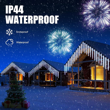 Brightown Christmas Meteor Shower Icicle Lights Outdoor, 30ft with 30 Tube 720 LED Dropping Effect, Waterproof Decorations for House Eave Roofline, Cool White