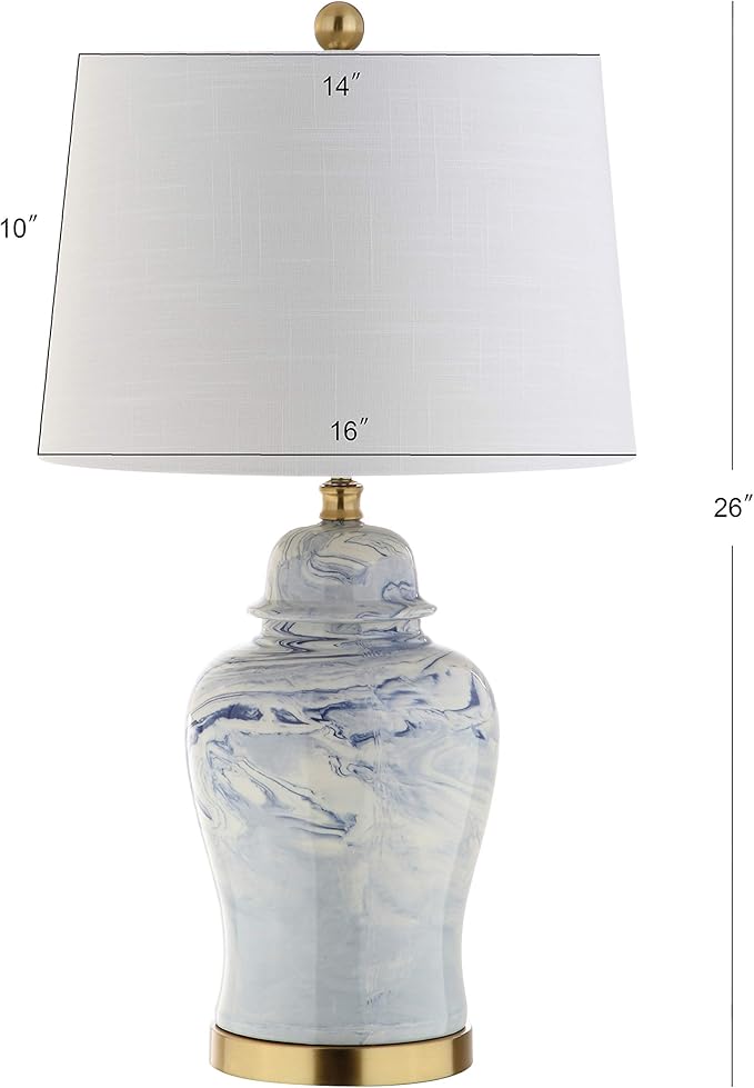 JONATHAN Y 26" Blue and White Marble Ceramic Table Lamp, Traditional Ginger Jar Style with Brass Gold Base, White Linen Drum Shade, LED Bulb Included JYL3010A