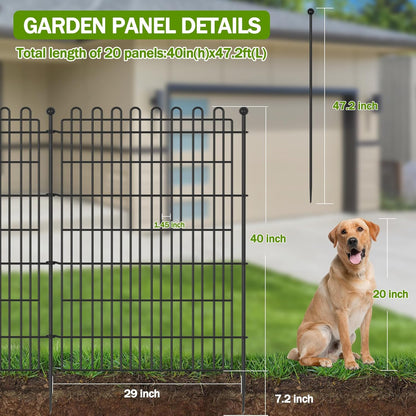 20 Panels No Dig Decorative Garden Fence with 2 Gates for Yard, 40 in(H) X 47.2 ft(L) Animal Barrier Fencing for Outdoor Dog, Metal Portable Garden Fences for Borders, Pets, Landscape, Temporary Fence