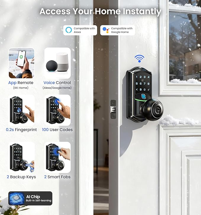 Veise VE028 Built-in Wi-Fi Smart Lock with Knob, Fingerprint Keyless Entry with Handle, App Remote & Voice Control, Electronic Digital Keypad for Front Door and Bedroom, IP65 Waterproof, Matte Black