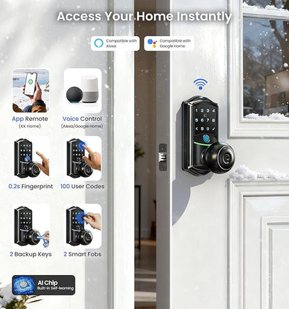 Veise VE028 Built-in Wi-Fi Smart Lock with Knob, Fingerprint Keyless Entry with Handle, App Remote & Voice Control, Electronic Digital Keypad for Front Door and Bedroom, IP65 Waterproof, Matte Black