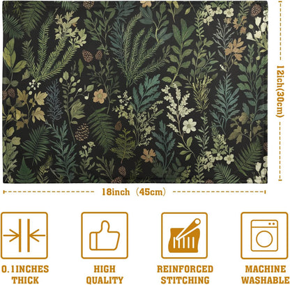 Black Sage Green Plant Placemats Set of 4 Vintage Botanic Fern Leaves Herb Floral Place Mats Rustic Farmhouse Linen Fabric Table Mats for Party Kitchen Dining Outdoor Indoor Decor