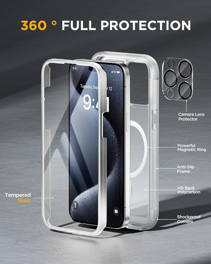 Miracase Magnetic for iPhone 15 Pro Max Case 6.7'' [Compatible with Magsafe] Full-Body Drop Proof Phone Case for iPhone 15 Pro Max with Built-in 9H Tempered Glass Screen Protector,Matte White