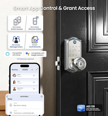 Veise VE018 Smart Knob Handle Lock - Fingerprint, App Control, Keyless Entry for Front Door and Bedroom, Electronic Digital Keypad, Auto Lock, Remote Access Sharing, IP55 Weatherproof, Satin Nickel