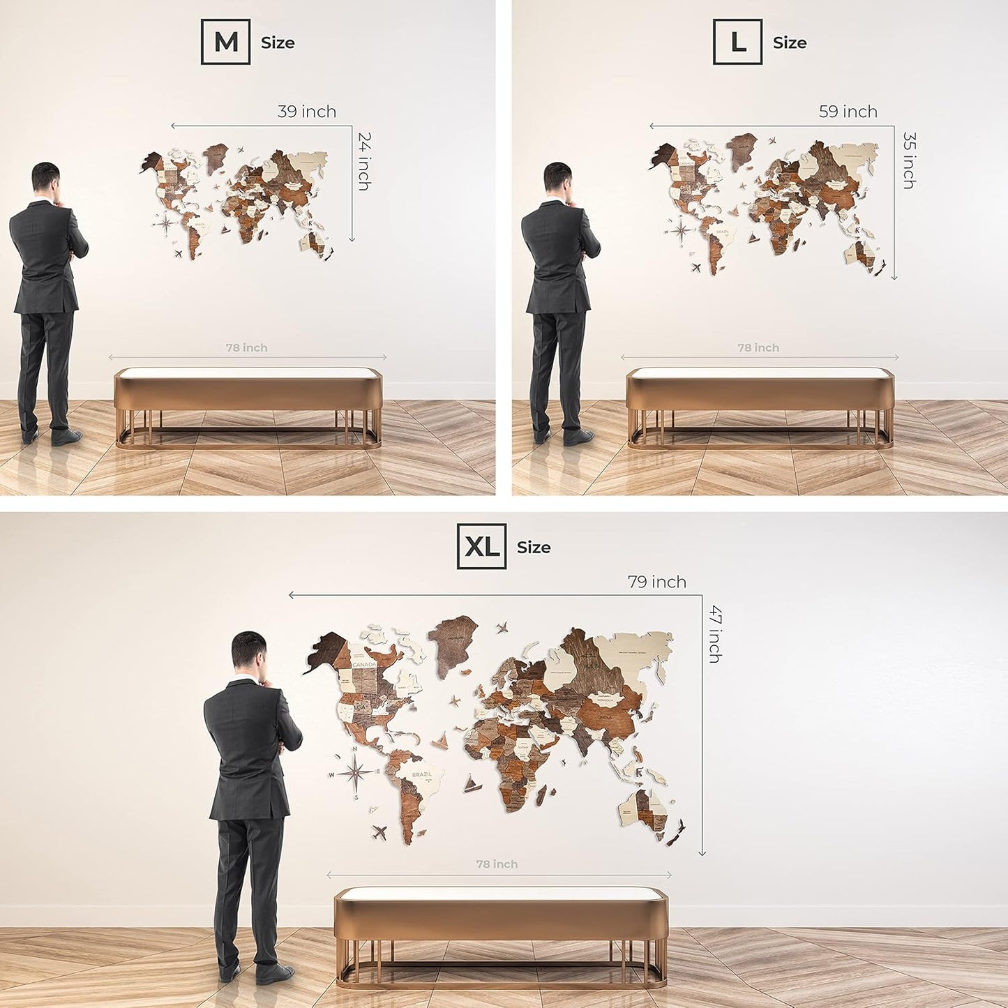 Handmade 3D Wood World Map Wall Art Large Wall Decor Track Your World Travels - Special For Home, Kitchen And Office (Nordik, Medium)