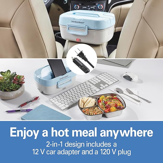 Hamilton Beach Portable Electric Lunch Box Food Warmer for Office & Car with 12V Adapter, 120V Plug, Stainless Steel 3 Compartment Tray, Insulated Carrying Bag, Fork & Spoon, Blue (33105)