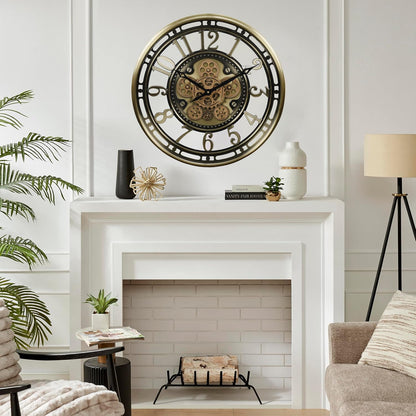 CLXEAST 21 Inch Industrial Moving Gears Wall Clock,Modern Farmhouse Arabic Numeral Battery Operated Silent Wall Clock for Living Room Decor,Brushed Gold,House Warming Gifts New Home