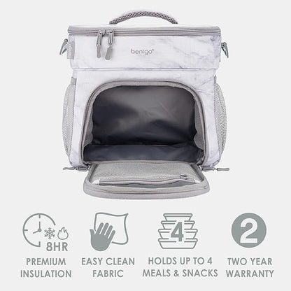 Bentgo Prep Deluxe Insulated Multimeal Bag - Lunch Box Bag, Holds 5 Meals, Premium Insulation up to 8 Hrs, Durable, Water-Resistant - Large Capacity For Adult Meal Prep (White Marble)