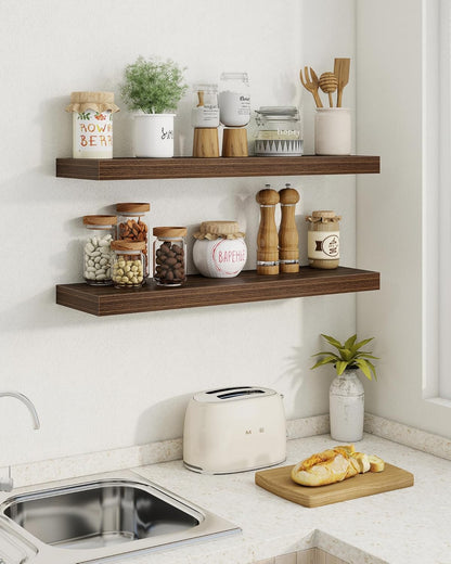 Marsmiles 24" Floating Shelves for Wall, Wooden Shelves with Invisible Brackets Set of 2, Rustic Farmhouse Wall Mounted Shelf for Kitchen Bathroom Living Room Study, Walnut
