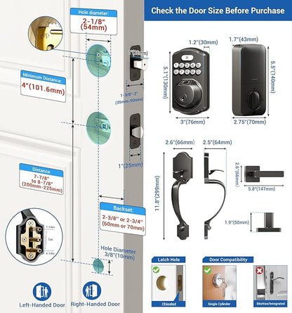 Veise Fingerprint Door Lock Set, Keyless Entry Door Lock, Front Handle Set, Electronic Keypad Deadbolt with Lever Handle, 2 Keys, Auto-Locking, One-time Codes, Easy to Install, Matte Black