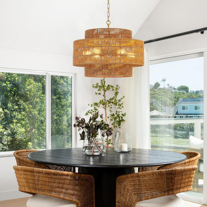 23.6" Rattan Chandelier Light Fixture 6-Light Vintage Farmhouse Hand-Woven Boho Bamboo Rattan Chandelier 3-Tier Drum Wicker Gold Chandeliers for Dining Room, Kitchen, Living Room