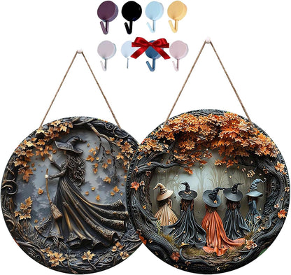 Fanyil/Olygee/Sherum/Shirem/Pubyfun/Glosrity/Libilin/Graddi/Solymody/Gowebs/Goredny/Vianys Witching Hour, Door Way Hanging Decor Halloween, 2D Wooden Round Witches Sign (A+B, ‎7.87")