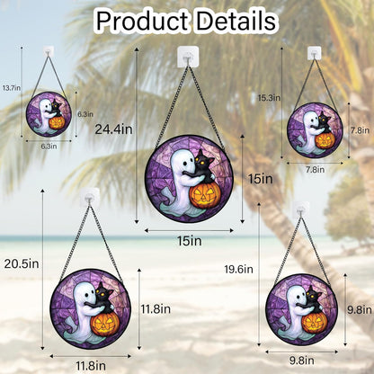 Stained Glass Window Hanging - Halloween Decorations Ghost Black Cat Pumpkin Suncatcher for Door Garden Spooky Purple Sun Catchers Gothic Decor Horror Gifts for Women Men Friend Boy 15 in