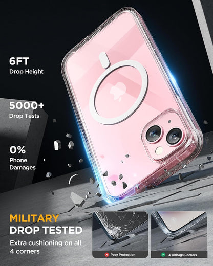 Miracase Glass Series for iPhone 15 Case [Compatible with MagSafe] Full-Body Magnetic Case with Built-in 9H Tempered Glass Anti-Fingerprint Screen Protector + Camera Lens Protector, Clear Glitter