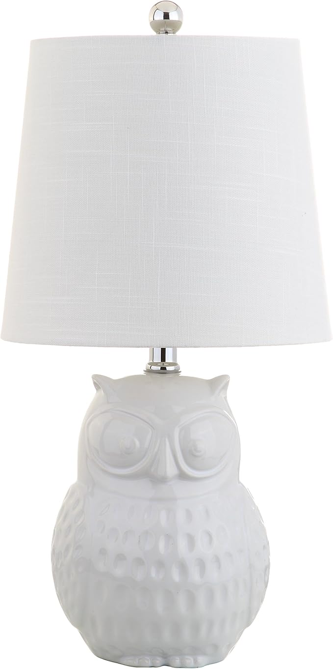 JONATHAN Y 20.5" White Ceramic Owl Table Lamp, Whimsical Cottage Bedside Nightstand Light for Living Room Nursery, White Linen Drum Shade, UL Listed, LED Bulb Included JYL1026A