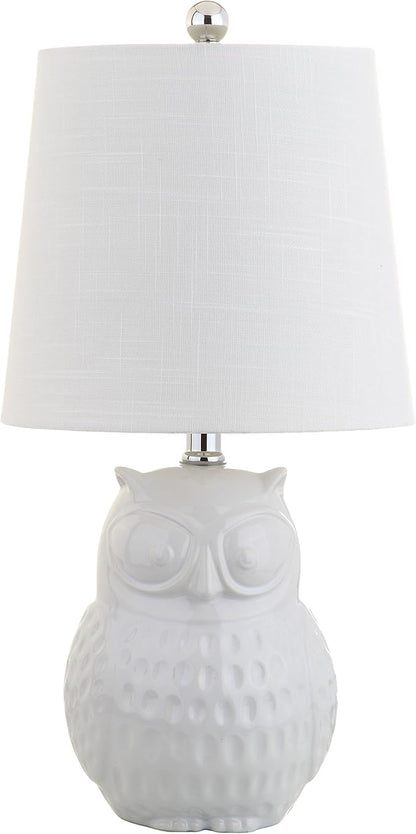 JONATHAN Y 20.5" White Ceramic Owl Table Lamp, Whimsical Cottage Bedside Nightstand Light for Living Room Nursery, White Linen Drum Shade, UL Listed, LED Bulb Included JYL1026A
