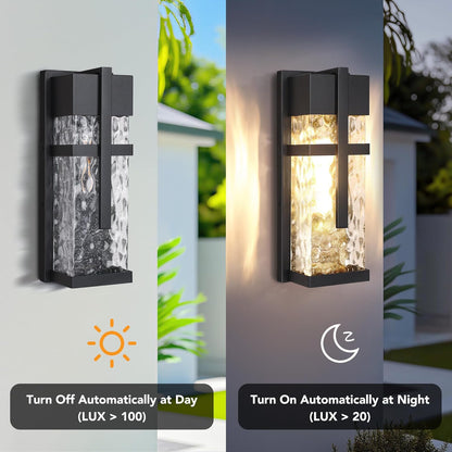 Hammered Glass Outdoor Wall Lantern, Dusk to Dawn Wall Sconce Lighting, 2 Pack Outdoor Light Fixtures, Exterior Porch Light with Waterproof, Modern Wall Lamp for Garage, Doorway, Patio(Bulb Included)