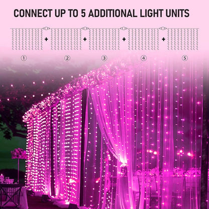 Dazzle Bright 300 LED Curtain String Lights, Valentine's Day Fairy Lights for Bedroom with 8 Lighting Modes, Connectable Waterproof Window Lights Party Wedding Garden Wall Christmas Decor, Pink