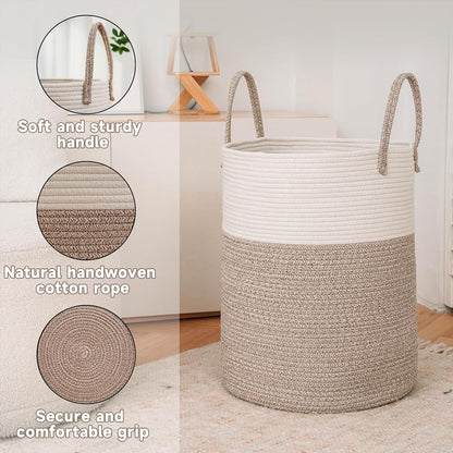 Large Woven Laundry Basket Hamper,100L Cotton Rope Storage Bin for Blankets,Toys and Clothes,Decorative Tall Nursery Hamper for Living Room,Baby Nursery,Bathroom and Bedroom,Brown