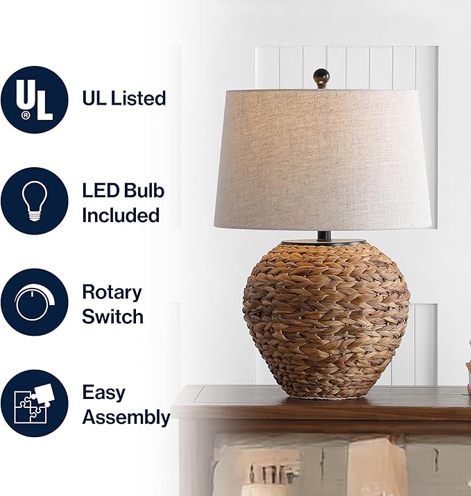 JONATHAN Y 24.5" Natural Water Hyacinth Farmhouse Basket Table Lamp, Coastal Decor for Living Room Bedroom Nightstand, Light Gray Linen Shade, LED Bulb Included JYL6501A