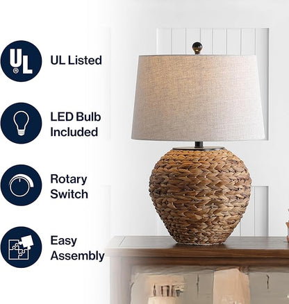 JONATHAN Y 24.5" Natural Water Hyacinth Farmhouse Basket Table Lamp, Coastal Decor for Living Room Bedroom Nightstand, Light Gray Linen Shade, LED Bulb Included JYL6501A
