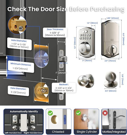 Veise VE012W-K Built-in WiFi Fingerprint Smart Lock with 2 Knobs, No Hub Needed, Remote APP Control, Keyless Entry Door Lock, Smart Deadbolt for Front Door, Auto Locking, Satin Nickel