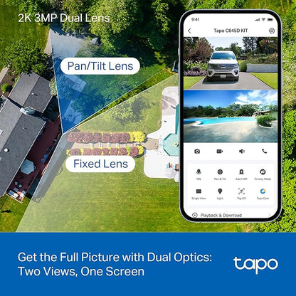 Tapo 2K Dual Lens Pan/Tilt Security Battery Camera Wireless w/Solar Panel, 165° Wide-Angle + 6mm Telephoto, Free Person/Vehicle Detection, 360° Pan, SD/Cloud Storage, Works w/Alexa & Google, C645D KIT