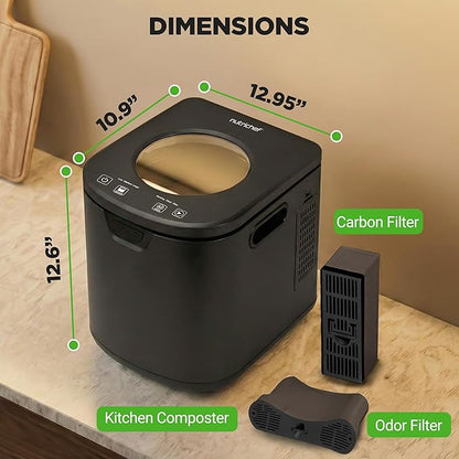 NutriChef 4 Quart Electric Kitchen Composter | Smart Countertop Composter Includes 2 Odorless Carbon Filters | Electric Compost Bin for Indoor Use | 3 Volume Based Modes Small, Medium & Large | Gray