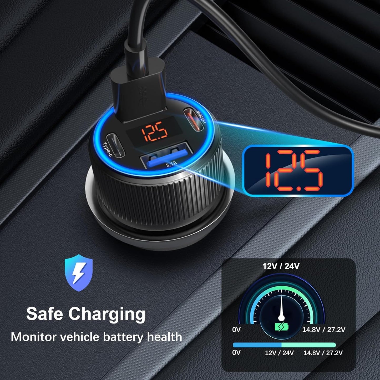 USB C Car Charger 3 Pack, Costyle 65W 4 Port Car Power Adapter with Voltmeter PD 30W/QC 3.0 Fast Charging Cigarette Lighter USB Charger Plug for iPhone 16/15/14/13/12/11 Pro Max/Pad,Android(Black)