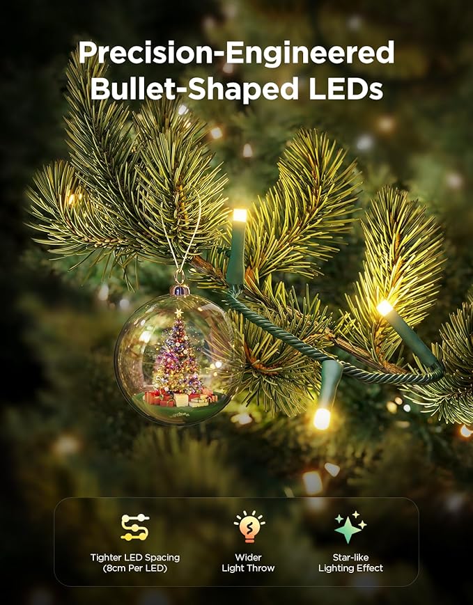 Govee Christmas Sparkle String Lights 66ft, RGBWIC String Lights with 250 Bullet-Head LEDs, App-Controlled, 140+ Scene Modes, 3D Shape Mapping, Works with SmartThings, Indoor Holiday Decorations