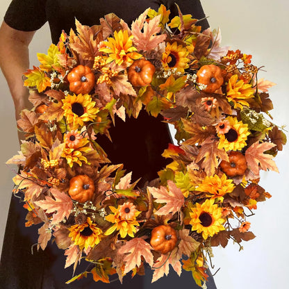 Uieke 28 Inch Fall Wreath for Front Door Outside Large Artificial Autumn Wreath with Orange Sunflowers Maple Leaves Pumpkins Fall Decoration for Home Farmhouse Door Wreath for Harvest Thanksgiving