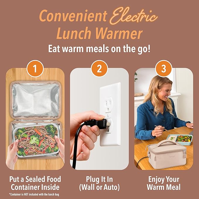 Bentgo Heat - Electric Lunch Bag & Food Warmer for Reheating Meals in Car, at Work & More - Heated Lunch Box Warmer for Adults, Students & Shift Workers, 12V/24V Auto & 120V Wall Cords (Sand)