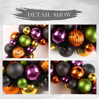 JORNOY 13inch Small Halloween Ball Wreath with Ghost&Pumpkin Accents - Seasonal Orange/Black Wall Hanging, Front Door, Mantel, Porch Decor for Home