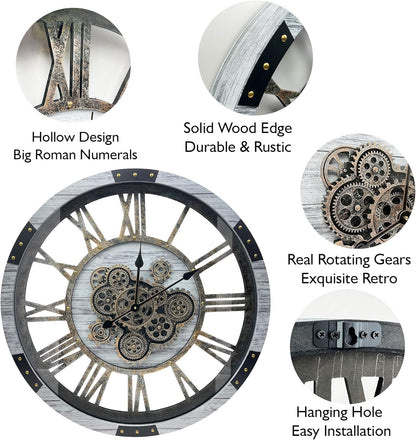DORBOKER 40" Original Moving Gears Wall Clock, Large Industrial Wall Clock for Living Room Decor,Oversized Wood Vintage Farmhouse Steampunk Rustic Clocks for Wall Decor,Silver Grey