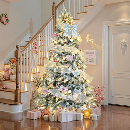 7.5ft 360° Rotating Pre-Lit Snow Flocked Christmas Tree, Built-in Music, Remote Control, 8 Light-Modes, White Christmas Tree for Home Decor