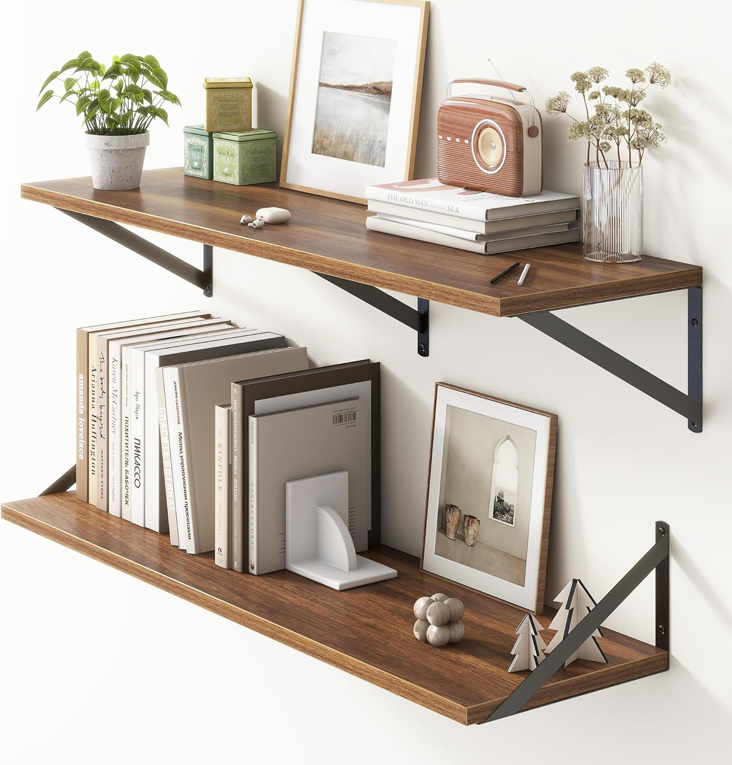 36"W x 10"D Floating Shelves, 10 Inch Deep Walnut Floating Shelves, Farmhouse Rustic Deep Wall Shelves for Home Decor, Wide Large Floating Shelf for Bathroom, Living Room, Kitchen, Study Room