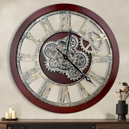 HOIBAI Farmhouse Vintage Industrial Oversized Wall Clock - 24 in (60cm) Moving Gear Wall Clock for Living Room Decor
